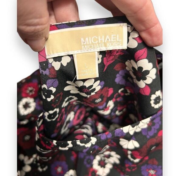 Michael Kors L Azalea Floral Black Blouse Roll Tab Sleeve Gold Button Retro Boho - Picture 9 of 11
